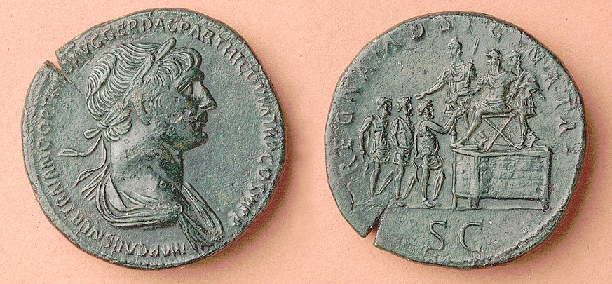 Romeinse munt met afbeelding van keizer Trajanus - Wijchen=